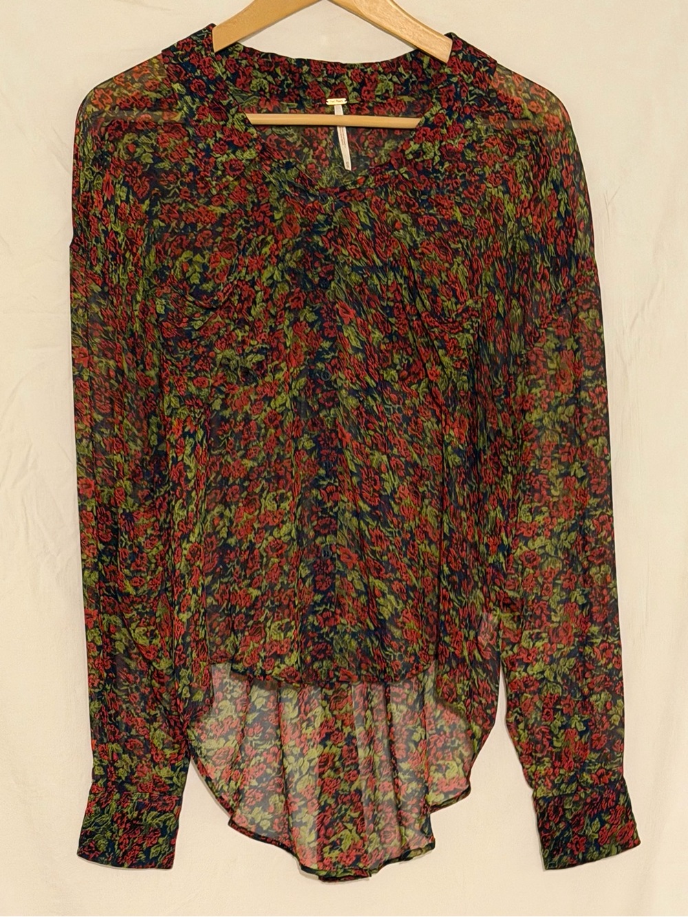 Free People "Easy Rider" Sheer Floral Chiffon Button Down Hi-Low Blouse Size XS
